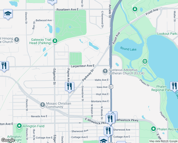 map of restaurants, bars, coffee shops, grocery stores, and more near 761 Parkway Drive in Saint Paul