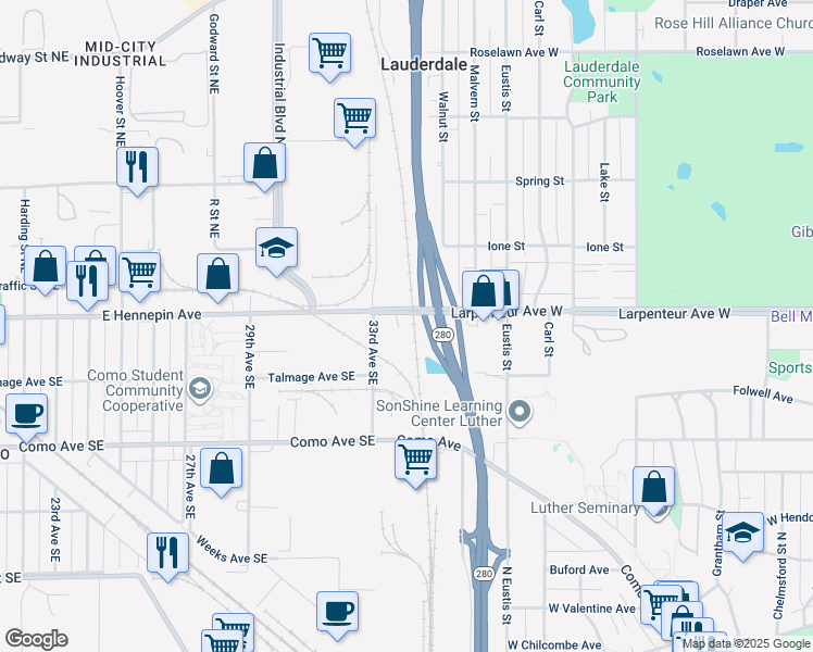 map of restaurants, bars, coffee shops, grocery stores, and more near 1070 33rd Avenue Southeast in Minneapolis