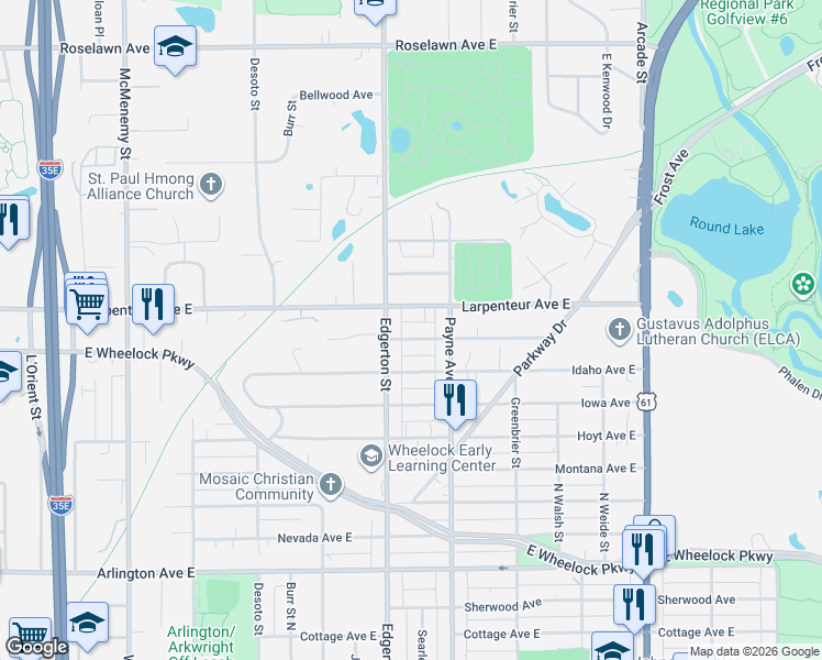 map of restaurants, bars, coffee shops, grocery stores, and more near 606 California Avenue East in Saint Paul