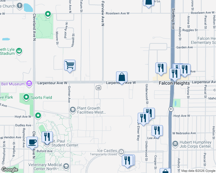 map of restaurants, bars, coffee shops, grocery stores, and more near 1818 Larpenteur Avenue West in Falcon Heights