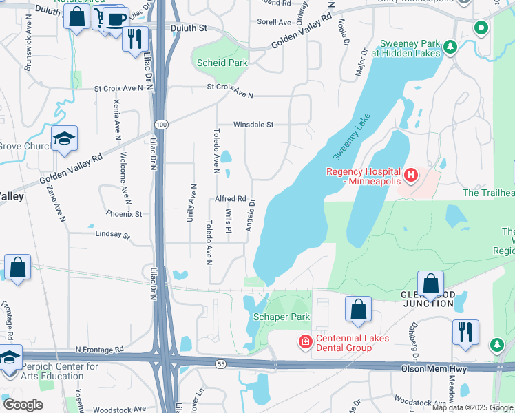 map of restaurants, bars, coffee shops, grocery stores, and more near 1200 Angelo Drive in Minneapolis