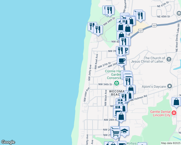 map of restaurants, bars, coffee shops, grocery stores, and more near 3529 Northwest Jetty Avenue in Lincoln City