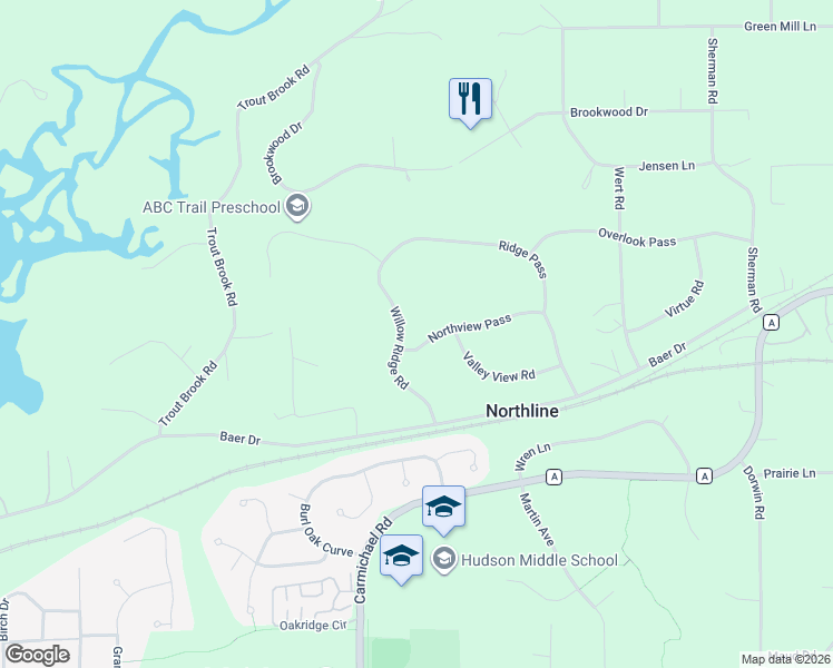 map of restaurants, bars, coffee shops, grocery stores, and more near 893 Willow Ridge Rd in Hudson