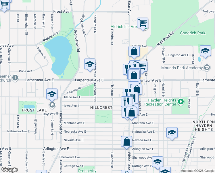 map of restaurants, bars, coffee shops, grocery stores, and more near 1705 East California Avenue in Saint Paul