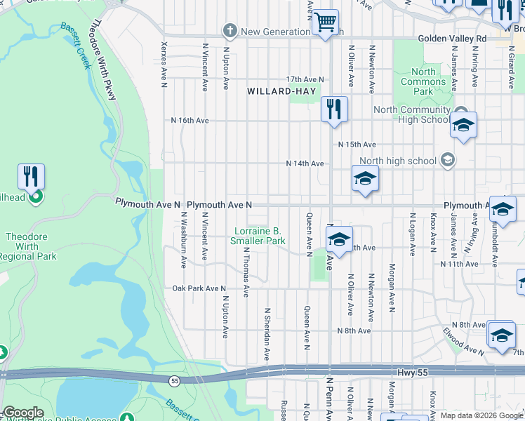 map of restaurants, bars, coffee shops, grocery stores, and more near 1239 North Sheridan Avenue in Minneapolis