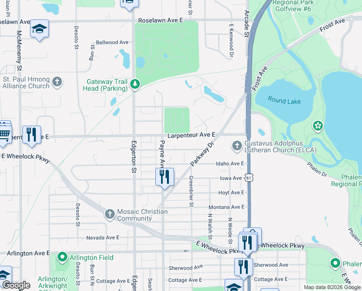 map of restaurants, bars, coffee shops, grocery stores, and more near 673 California Avenue East in Saint Paul