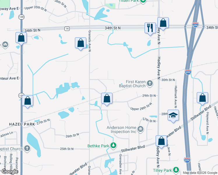 map of restaurants, bars, coffee shops, grocery stores, and more near 2948 Granada Lane North in Saint Paul