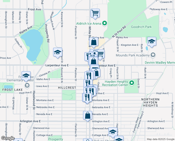 map of restaurants, bars, coffee shops, grocery stores, and more near 1645 White Bear Avenue in Saint Paul