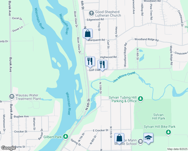 map of restaurants, bars, coffee shops, grocery stores, and more near 3625 North 6th Street in Wausau