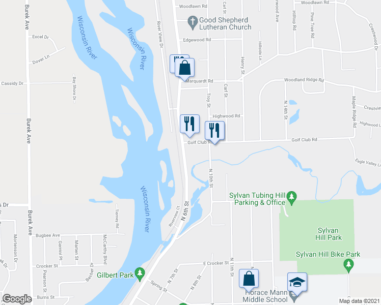 map of restaurants, bars, coffee shops, grocery stores, and more near 3625 North 6th Street in Wausau