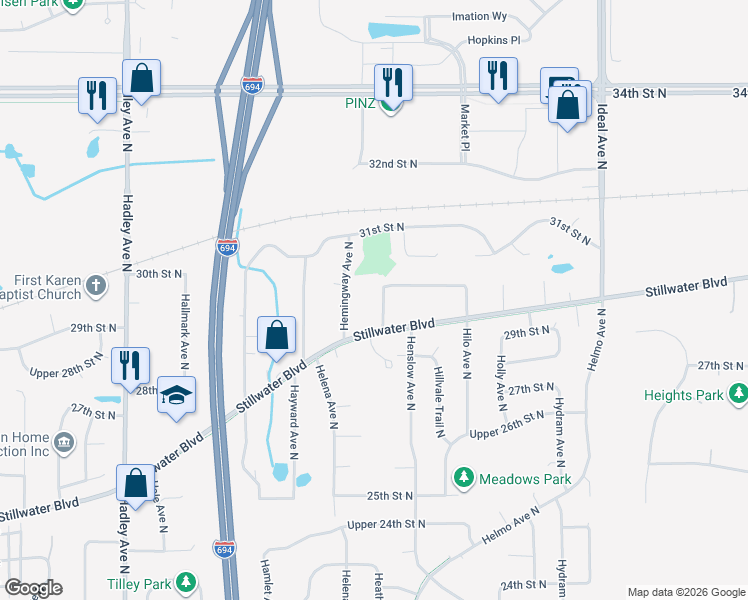 map of restaurants, bars, coffee shops, grocery stores, and more near 7529 Stillwater Way North in Oakdale