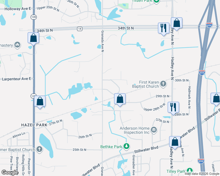 map of restaurants, bars, coffee shops, grocery stores, and more near 2941 Granada Lane North in Oakdale