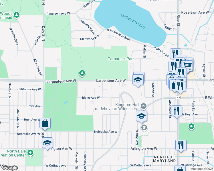 map of restaurants, bars, coffee shops, grocery stores, and more near 1660 Cumberland Street in Saint Paul