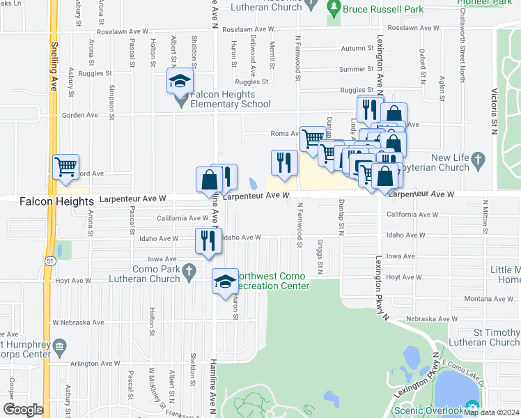map of restaurants, bars, coffee shops, grocery stores, and more near 1276 Larpenteur Avenue West in Saint Paul