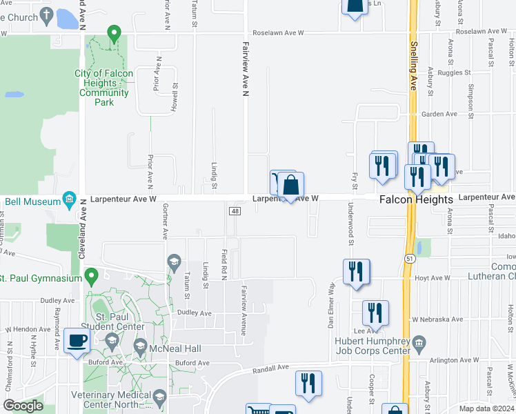map of restaurants, bars, coffee shops, grocery stores, and more near 1818 Larpenteur Avenue West in Falcon Heights