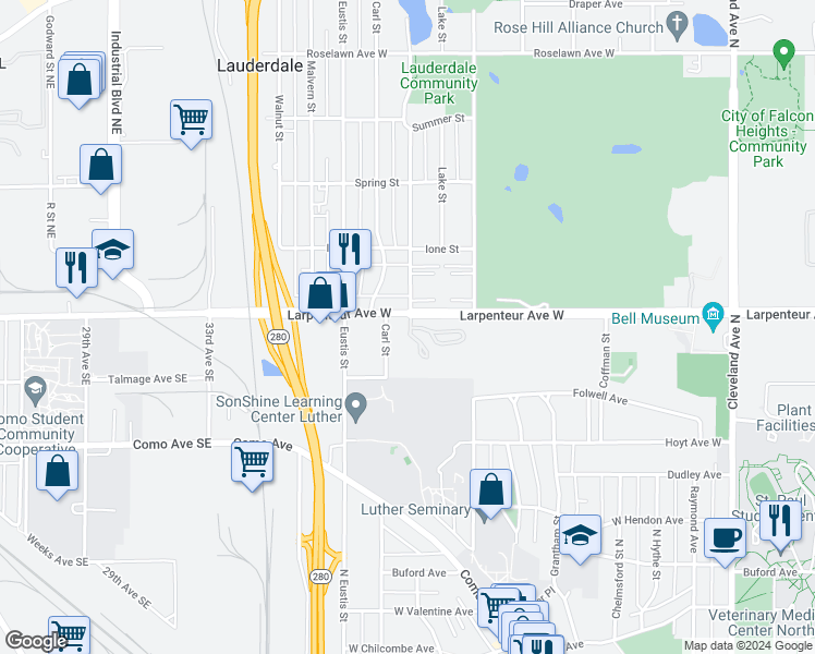 map of restaurants, bars, coffee shops, grocery stores, and more near 1612 Rose Hill Circle in Saint Paul