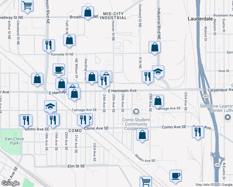 map of restaurants, bars, coffee shops, grocery stores, and more near 1094 25th Avenue Southeast in Minneapolis