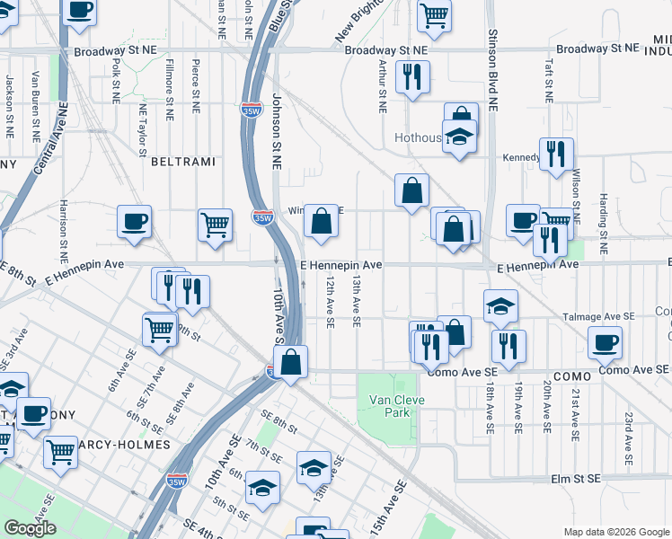 map of restaurants, bars, coffee shops, grocery stores, and more near 1106 12th Avenue Southeast in Minneapolis