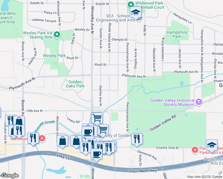 map of restaurants, bars, coffee shops, grocery stores, and more near 7705 Phoenix Street in Minneapolis