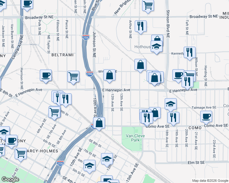map of restaurants, bars, coffee shops, grocery stores, and more near 1106 12th Avenue Southeast in Minneapolis