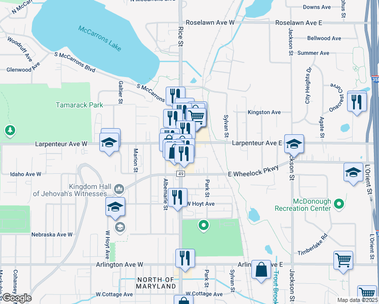map of restaurants, bars, coffee shops, grocery stores, and more near 2555 Park Street in Little Canada