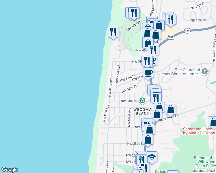 map of restaurants, bars, coffee shops, grocery stores, and more near 3529 Northwest Jetty Avenue in Lincoln City