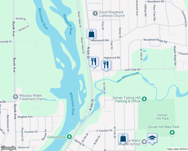 map of restaurants, bars, coffee shops, grocery stores, and more near 3633 North 6th Street in Wausau