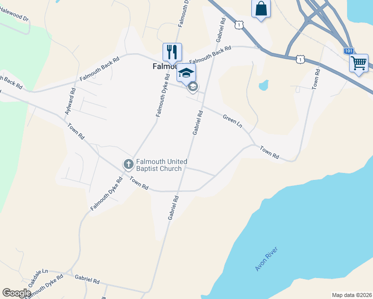 map of restaurants, bars, coffee shops, grocery stores, and more near 192 Gabriel Road in Falmouth