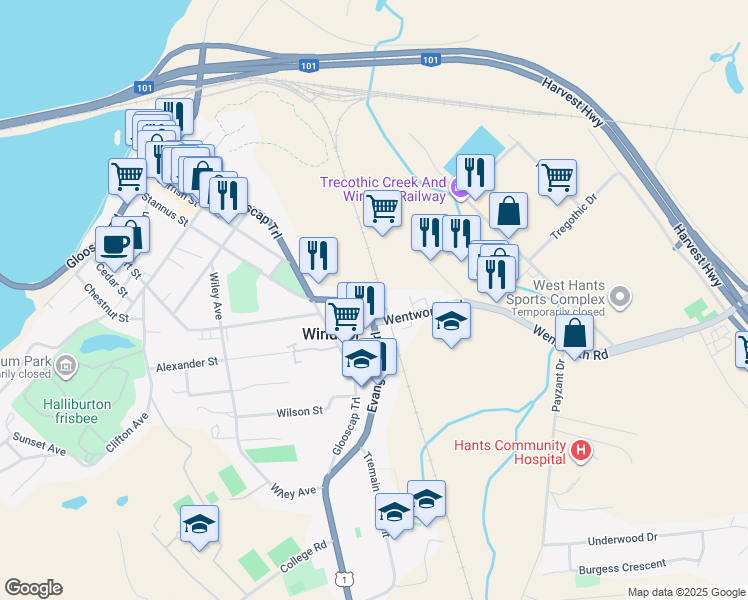 map of restaurants, bars, coffee shops, grocery stores, and more near 25 Wentworth Road in Windsor