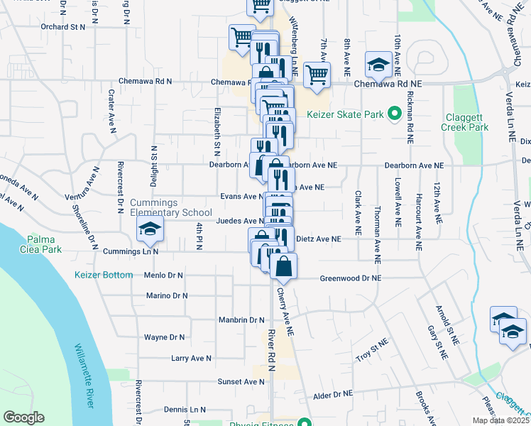 map of restaurants, bars, coffee shops, grocery stores, and more near 4605 River Road North in Keizer