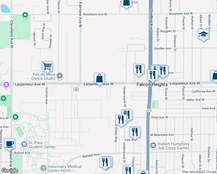 map of restaurants, bars, coffee shops, grocery stores, and more near 1710 Larpenteur Avenue West in Falcon Heights
