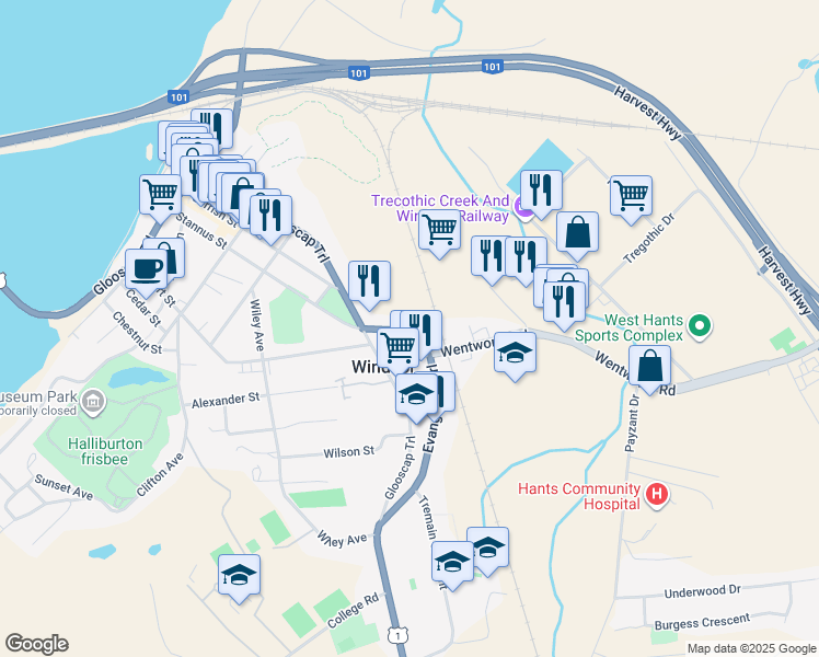 map of restaurants, bars, coffee shops, grocery stores, and more near 543 O'Brien Street in Windsor