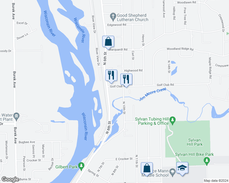 map of restaurants, bars, coffee shops, grocery stores, and more near 3639 North 6th Street in Wausau