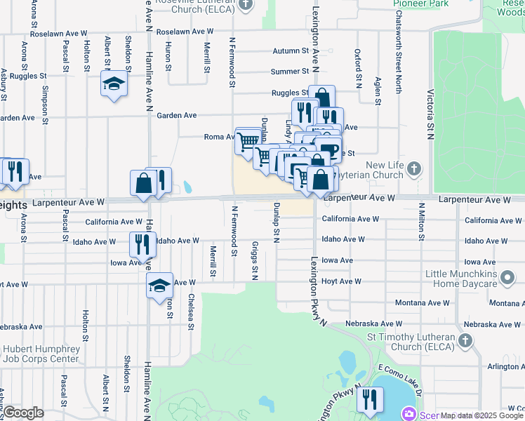 map of restaurants, bars, coffee shops, grocery stores, and more near 1192 California Drive in Saint Paul