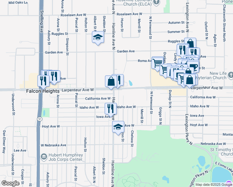 map of restaurants, bars, coffee shops, grocery stores, and more near 1654 Hamline Avenue North in Saint Paul