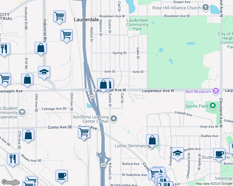 map of restaurants, bars, coffee shops, grocery stores, and more near 1631 Carl Street in Lauderdale