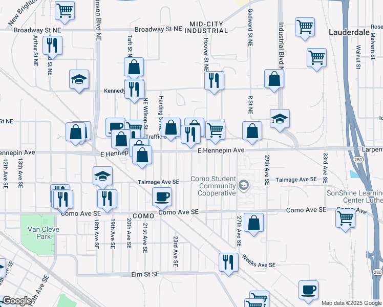 map of restaurants, bars, coffee shops, grocery stores, and more near 1101 24th Avenue Southeast in Minneapolis