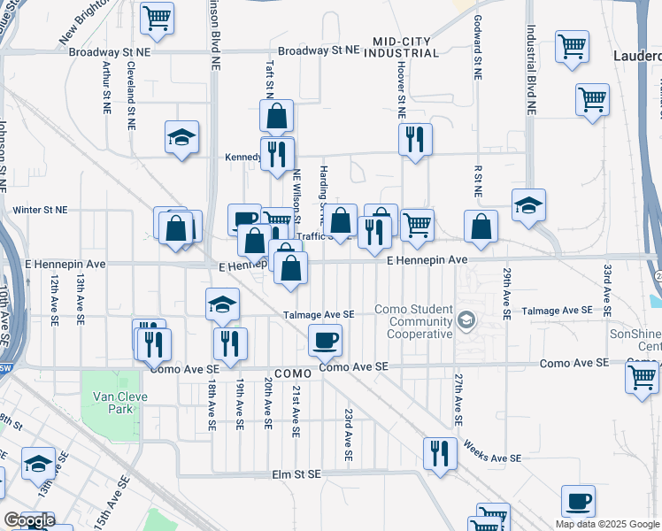 map of restaurants, bars, coffee shops, grocery stores, and more near 1101 23rd Avenue Southeast in Minneapolis