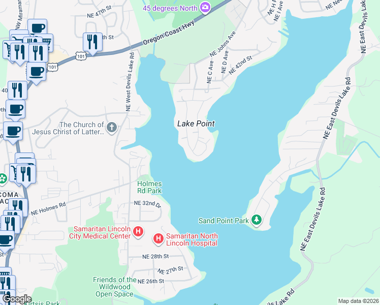 map of restaurants, bars, coffee shops, grocery stores, and more near 3361 Northeast 34th Loop in Neotsu
