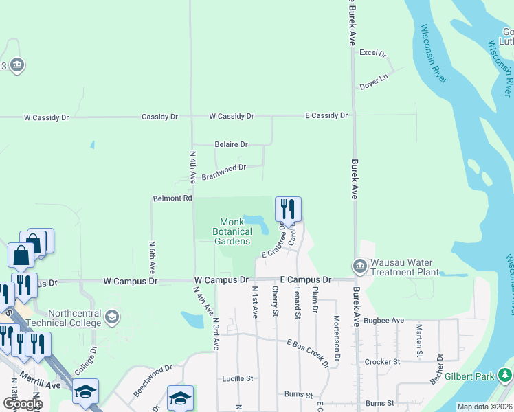 map of restaurants, bars, coffee shops, grocery stores, and more near 100 East Crabtree Circle in Wausau