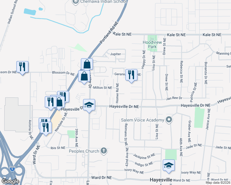 map of restaurants, bars, coffee shops, grocery stores, and more near 4724 Homer Road Northeast in Salem