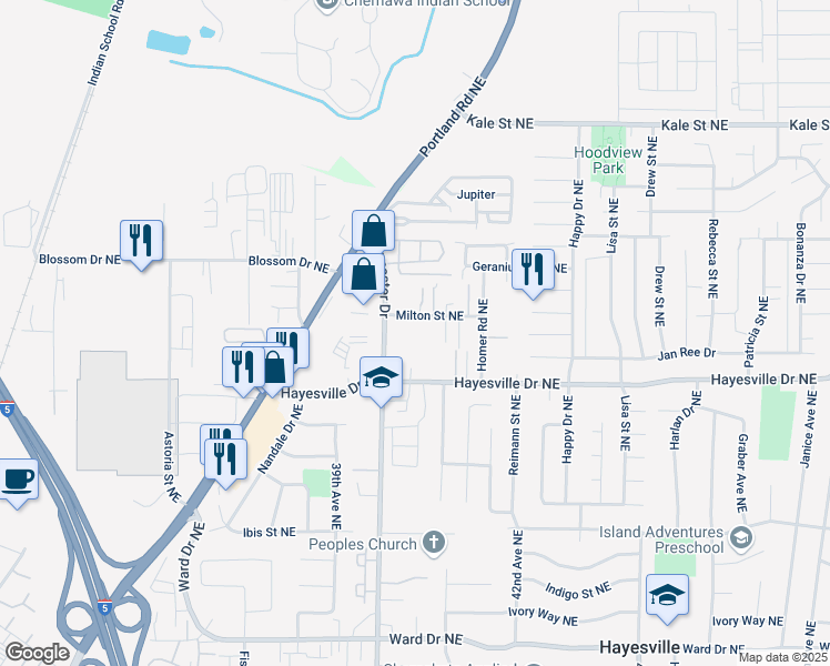 map of restaurants, bars, coffee shops, grocery stores, and more near 4748 Lancaster Drive Northeast in Salem