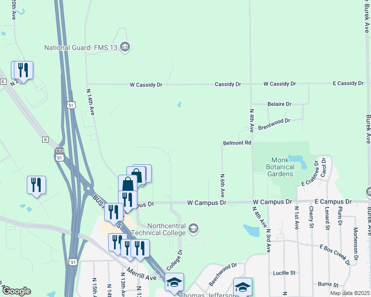 map of restaurants, bars, coffee shops, grocery stores, and more near 1913 10th Avenue North in Wausau