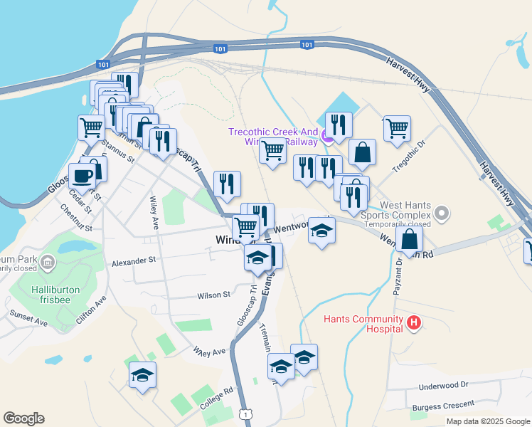 map of restaurants, bars, coffee shops, grocery stores, and more near 25 Wentworth Road in Windsor