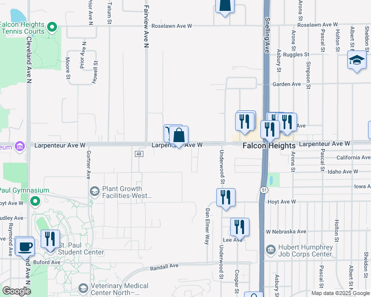 map of restaurants, bars, coffee shops, grocery stores, and more near 1750 Larpenteur Avenue West in Falcon Heights