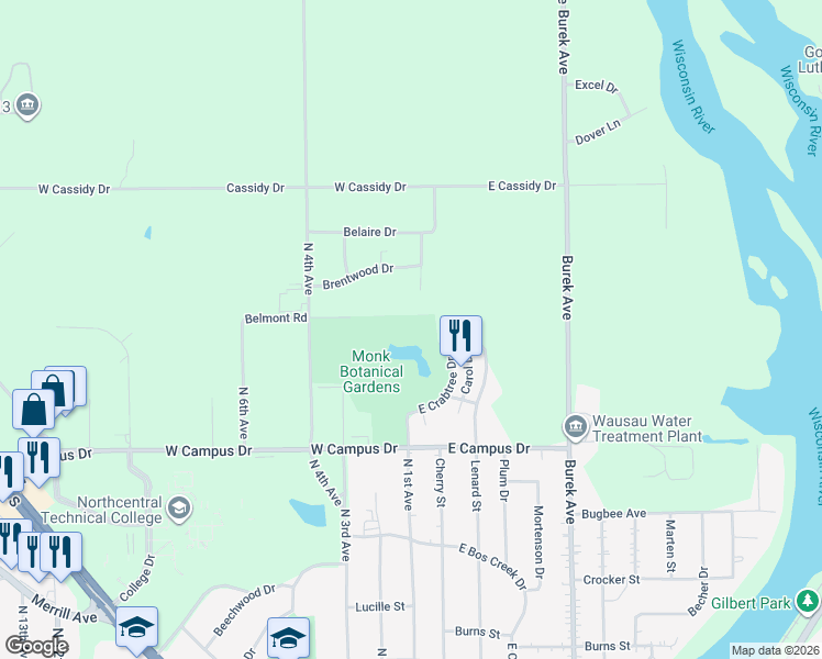 map of restaurants, bars, coffee shops, grocery stores, and more near 100 East Crabtree Circle in Wausau
