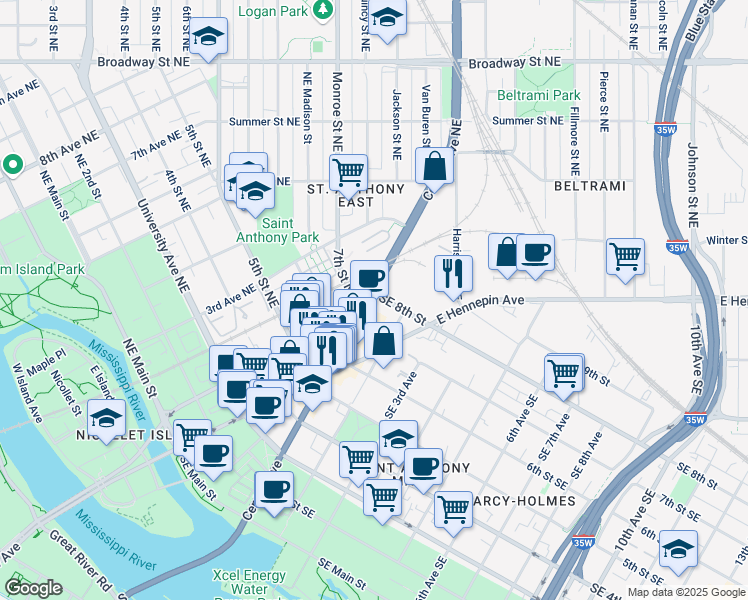 map of restaurants, bars, coffee shops, grocery stores, and more near 119 1/2 7th Street Southeast in Minneapolis