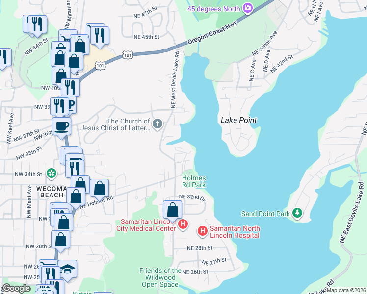 map of restaurants, bars, coffee shops, grocery stores, and more near 21 Northeast Yacht Avenue in Lincoln City