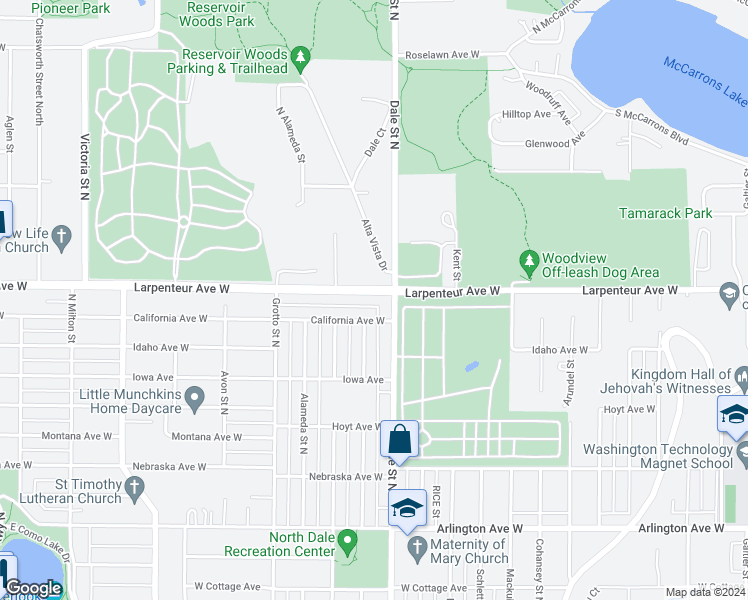 map of restaurants, bars, coffee shops, grocery stores, and more near 653 California Avenue West in Saint Paul