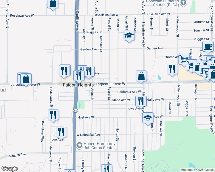 map of restaurants, bars, coffee shops, grocery stores, and more near 1463 California Avenue West in Falcon Heights